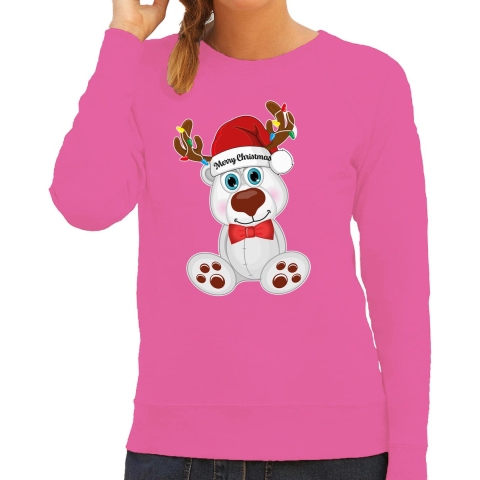 Foute Kersttrui/sweater voor dames - Merry Christmas - roze - ijsbeer - kerst cadeau S -