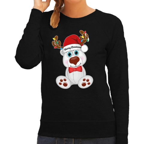 Foute Kersttrui/sweater voor dames - Merry Christmas - zwart - ijsbeer - kerst cadeau XS -