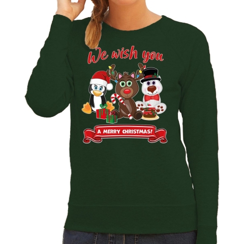Foute Kersttrui/sweater voor dames - We wish you - groen - kerst dieren - kerst cadeau L -