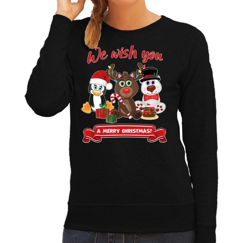 Foute Kersttrui/sweater voor dames - We wish you - zwart - kerst dieren - kerst cadeau XS -