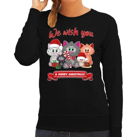 Foute Kersttrui/sweater voor dames - We wish you - zwart - kerst katjes - kerst cadeau 2XL -