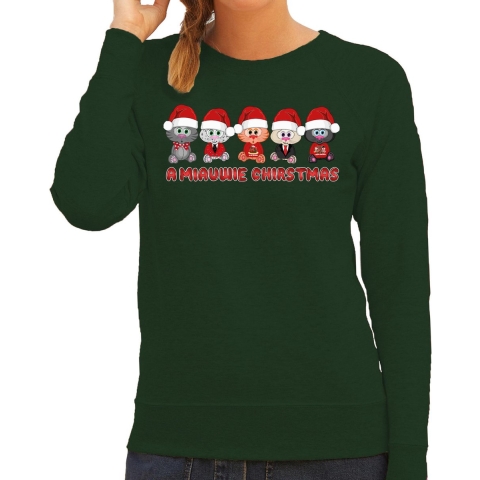 Foute Kersttrui/sweater voor dames - miauwie kerstfeest - groen - Kerst poesjes XL -