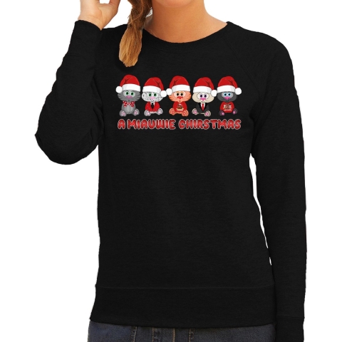 Foute Kersttrui/sweater voor dames - miauwie kerstfeest - zwart - Kerst poesjes XS -