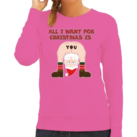 Foute Kersttrui/sweater voor dames - all I want is - roze - blote kont - kerstman S -