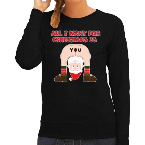 Foute Kersttrui/sweater voor dames - all I want is - zwart - blote kont - kerstman XL -