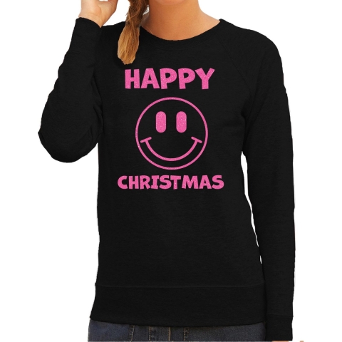 Foute kersttrui/sweater voor dames - Happy Christmas - zwart - glitter roze - Smile Emoticon XL -