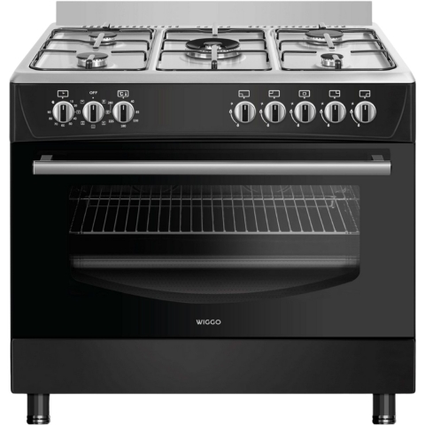 Wiggo WO-E905R(BX) - Serie 5 - 90 cm - 5 kookzones - Gasfornuis - Zwart Rvs