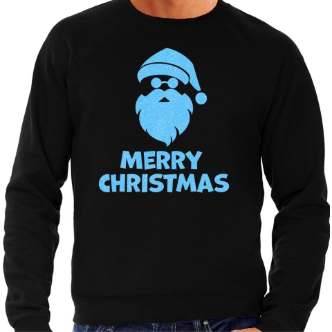 Foute Kersttrui/sweater voor heren - Merry Christmas - zwart - glitter blauw - kerstman L -
