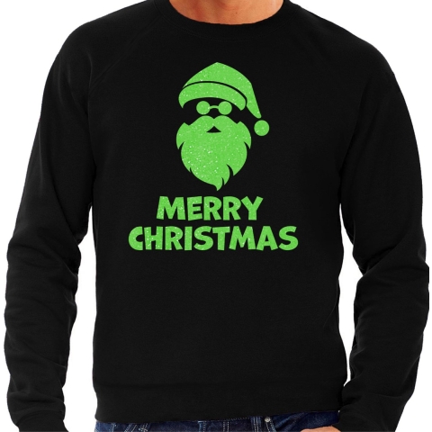 Foute Kersttrui/sweater voor heren - Merry Christmas - zwart - glitter groen - kerstman 2XL -