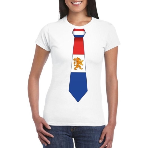 Wit t-shirt met Nederland vlag stropdas dames XL -