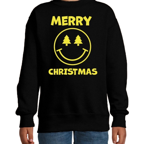 Kersttrui/sweater voor jongens/meisjes - Merry Christmas - zwart - Smile Emoticon - glitter geel 12-13 jaar (152/164) -