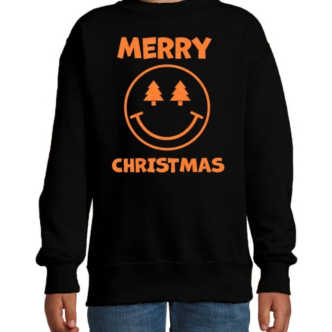 Kersttrui/sweater voor jongens/meisjes - Merry Christmas - zwart - Smile Emoticon - glitter oranje 3-4 jaar (98/104) -