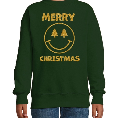 Kersttrui/sweater voor jongens/meisjes - Merry Christmas - groen - Smile Emoticon - glitter goud 9-11 jaar (134/146) -