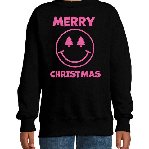 Kersttrui/sweater voor jongens/meisjes - Merry Christmas - zwart - Smile Emoticon - glitter roze 5-6 jaar (110/116) -