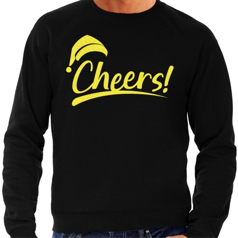 Foute Kersttrui/sweater voor heren - cheers! - zwart - glitter geel - kerstfeest M -