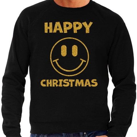 Foute Kersttrui/sweater voor heren - Happy Christmas - Smile Emoticon - zwart - glitter goud M -