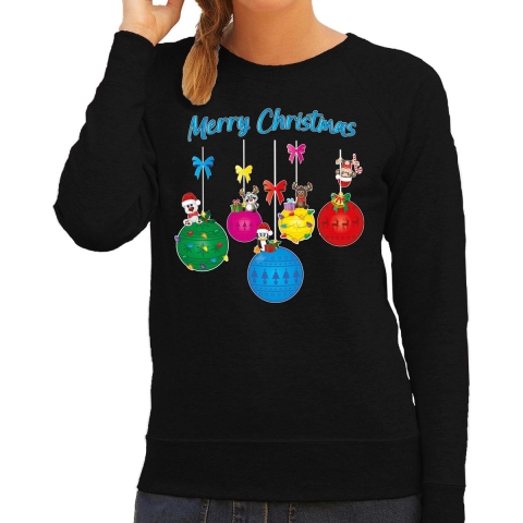 Foute Kersttrui/sweater voor dames - kerstballen - zwart - kerstdiertjes - Merry Christmas M -