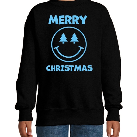 Kersttrui/sweater voor jongens/meisjes - Merry Christmas - zwart - Smile Emoticon - glitter blauw 12-13 jaar (152/164) -
