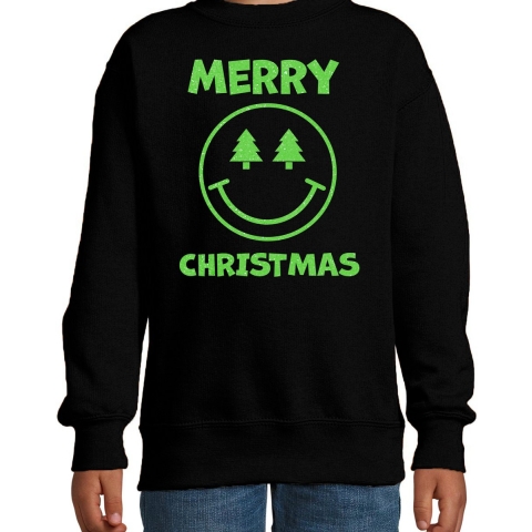 Kersttrui/sweater voor jongens/meisjes - Merry Christmas - zwart - Smile Emoticon - glitter groen 9-11 jaar (134/146) -