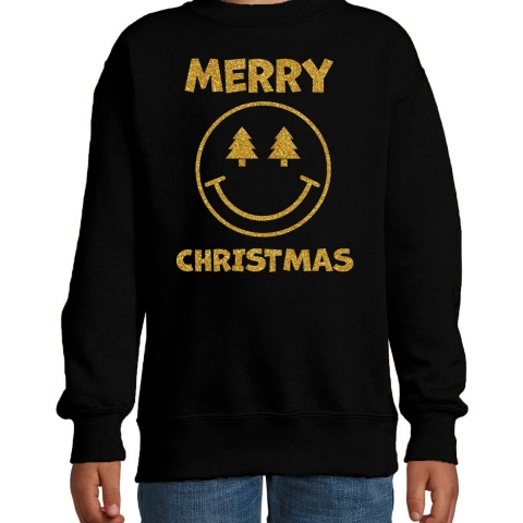 Kersttrui/sweater voor jongens/meisjes - Merry Christmas - zwart - Smile Emoticon - glitter goud 12-13 jaar (152/164) -