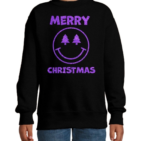 Kersttrui/sweater voor jongens/meisjes - Merry Christmas - zwart - Smile Emoticon - glitter paars 3-4 jaar (98/104) -