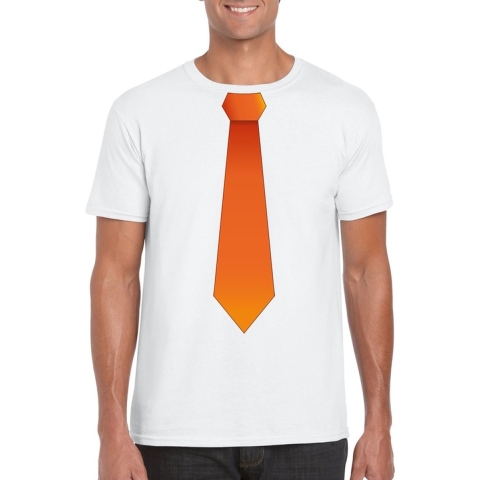 Wit t-shirt met oranje stropdas heren 2XL -