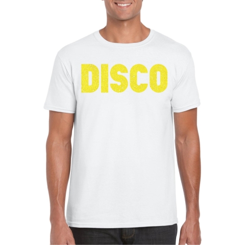 Verkleed T-shirt voor heren - disco - wit - geel glitter - jaren 70/80 - carnaval/themafeest 2XL -