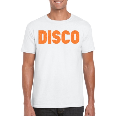 Verkleed T-shirt voor heren - disco - wit - oranje glitter - jaren 70/80 - carnaval/themafeest S -