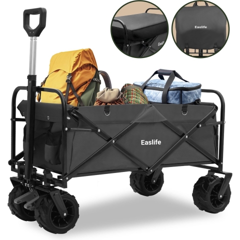 EasLife opvouwbare bolderkar - Bolderwagen met regen hoes - Inclusief Veiligheidsriemen - Opbergvakjes - tot 80KG - 94L - Wasbaar Polyester - 98x45cm