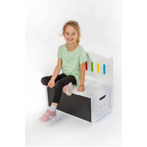 SpielMaus Houten 3-in-1 Kinderbank - Opbergbank - Speelgoedkist - Hout met Krijtbord