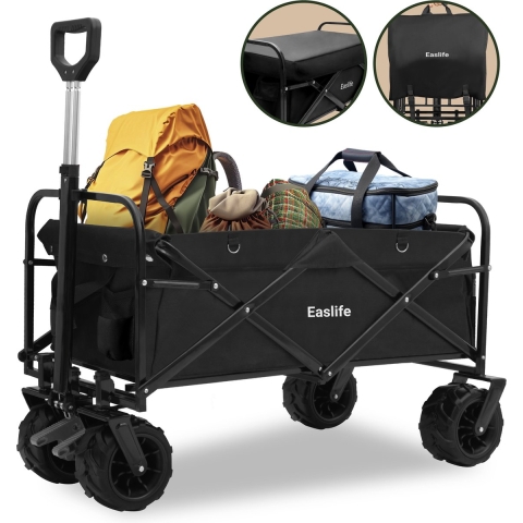 EasLife Bolderkar - Opvouwbare bolderwagen met regen Hoes - Inclusief Veiligheids riemen - Opbergvakjes - tot 80KG - 94L - Wasbaar Polyester - 98x45cm