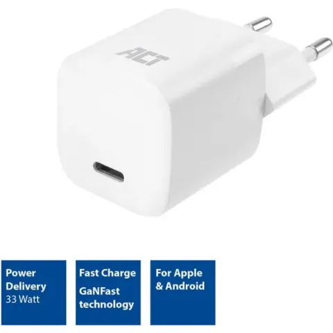 ACT USB-C Snellader iPhone | 33W | Compact | Power Delivery | GaNFast | Apple Iphone/Ipad/Android | Snellader - AC2130