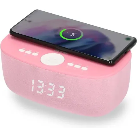 AIC 28BT Wekkerradio Digitaal met QI draadloze telefoonoplader - Ingebouwde Bluetooth speaker - USB - Roze