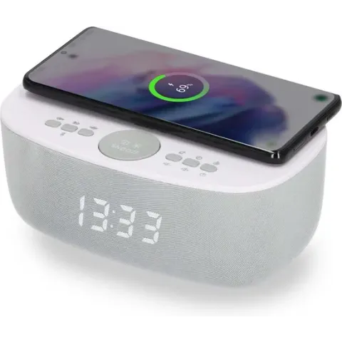 AIC 28BT Wekkerradio Digitaal met QI draadloze telefoonoplader - Ingebouwde Bluetooth speaker - USB - Wit