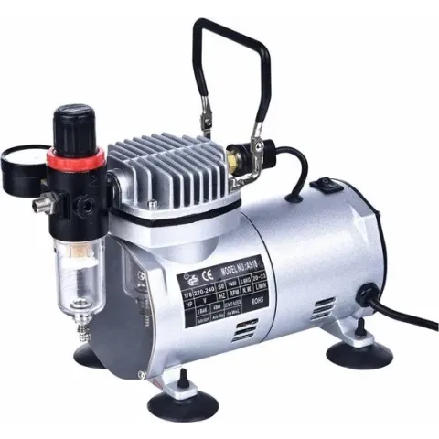 Airbrush Compressor Mini Olievrij 0- 4 bar 1 cillinder 1/6PK CE gekeurd met drukregelaar