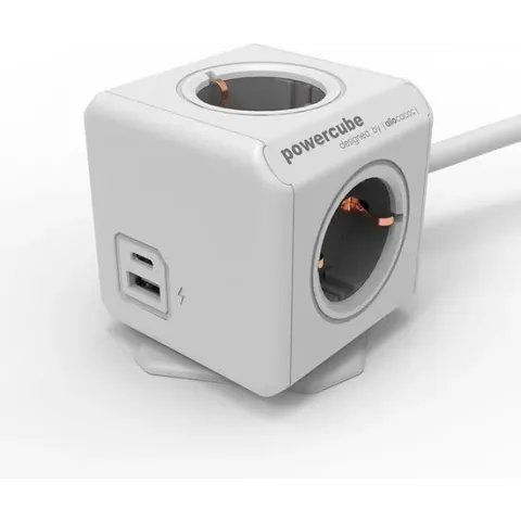 Allocacoc PowerCube extended - 4x Schuko, 1x USB-A en 1x USB-C - 1,5 meter kabel - Wit/Grijs