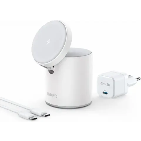 Anker PowerWave MagGo 2-in-1 Geschikt voor Draadloos Opladen met Magnetische Ring Oplaaddock met USB-C Lader Wit