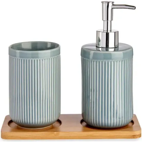 Badkamer accessoires set 3-delig grijsblauw gestreept van keramiek - Zeeppompje - Beker - Tray