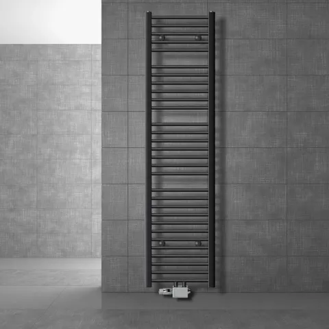 Badkamerradiator Sahara 400x1800 Mm Antraciet Gebogen Met Middenaansluiting En Universele Aansluitset