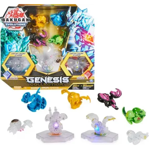 Bakugan Evolutions - Genesis Collection-pakket met 2 lichtgevende Bakugan-actiefiguren 4 unieke Bakugan 2 Nanogan 8 Bakugan-kaarten en 4 Bakukernen