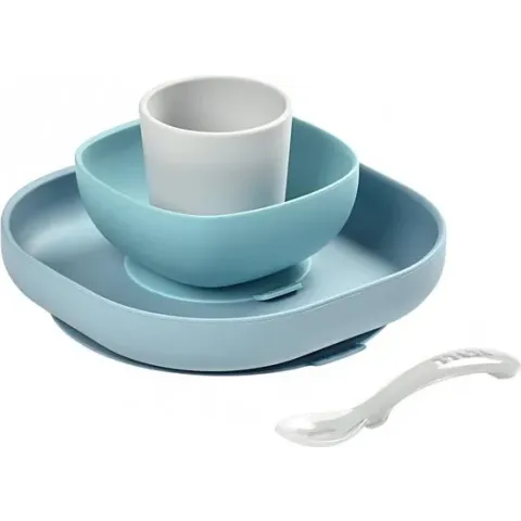 beaba , eetset , 4 delig , antislip , blauw / taupe ,  silicone