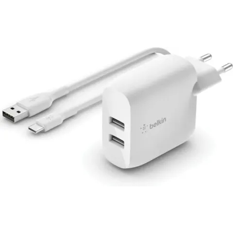 Belkin BOOST CHARGE™ 2-poorts USB-A-wandlader (24 W) + USB-A/USB-C®-kabel - 2 uitgangsaansluitingen - Wit