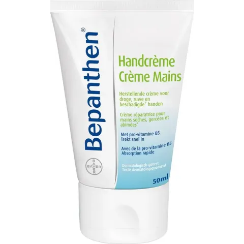 Bepanthen Handcrème is een herstellende crème voor droge, ruwe en beschadigde handen, 50 ml