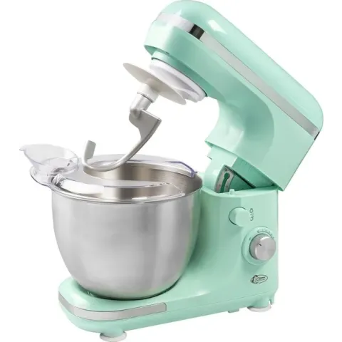 Bestron 4-in-1 Keukenmachine, 7 Snelheidsstanden, incl. Garde, Kneedhaak en Mengarm, met spatscherm & mengkom van 2,5 liter, 1000W, kleur: Mint