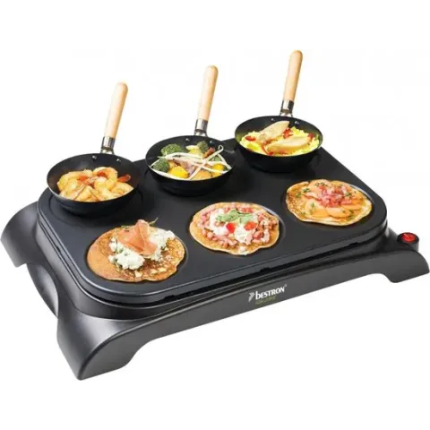 Bestron elektrische Party-Wok-Set, Gourmetstel met mini wok pannen voor 6 personen, incl. 6 houten pannetjes & 1 opscheplepel, 1000 Watt, kleur: zwart