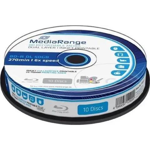 Bluray MediaRange 50GB 10pcs BD-R cake 6x Inkjet Fullprint.