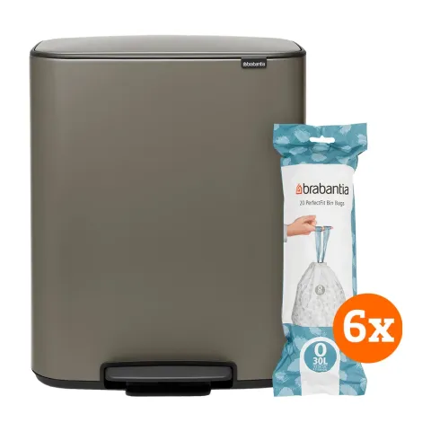Brabantia Bo Pedal Bin 2 x 30 Liter Platinum + Vuilniszakken (120 stuks)