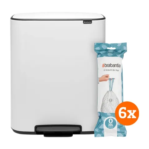Brabantia Bo Pedal Bin 2 x 30 Liter Wit + Vuilniszakken (120 stuks)
