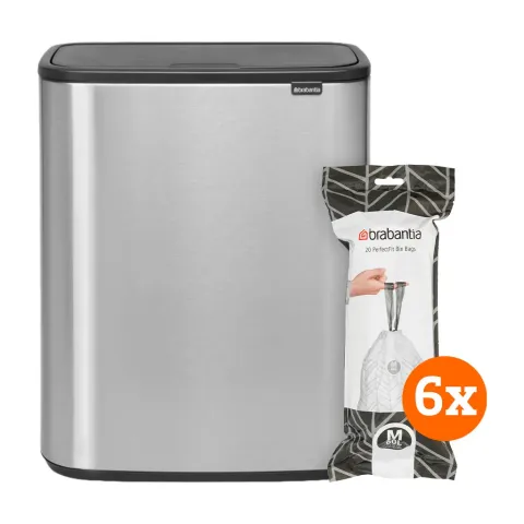Brabantia Bo Touch Bin 60 Liter Staal Vingerafdruk Proof + Vuilniszakken (6 x 20 stuks)