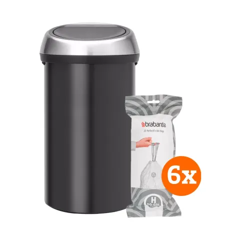 Brabantia Touch Bin 60 Liter Zwart Fingerprintproof + Vuilniszakken (120 stuks)